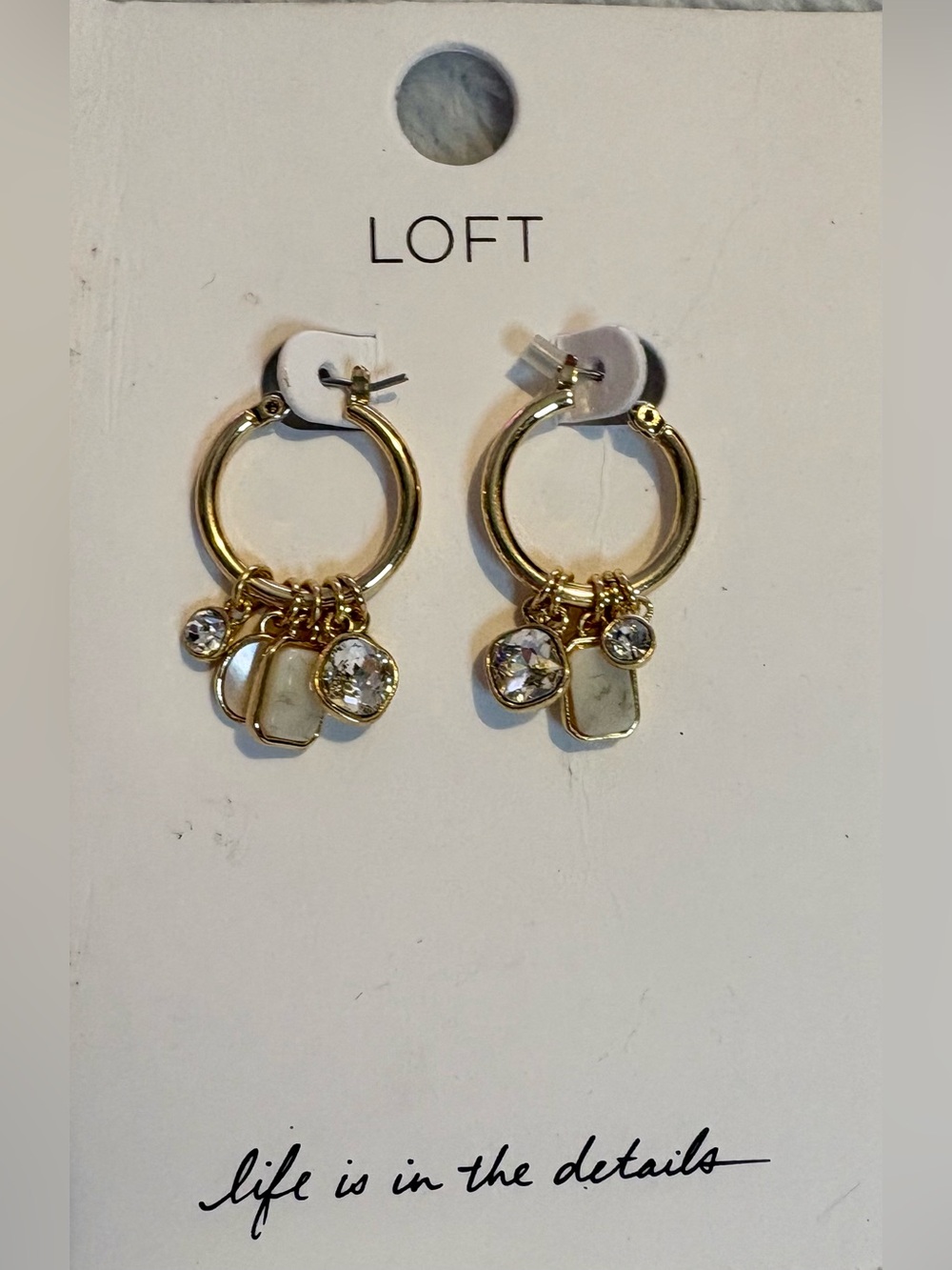 LOFT Gold Hoop Earrings with Clear Crystals and Cream Charms